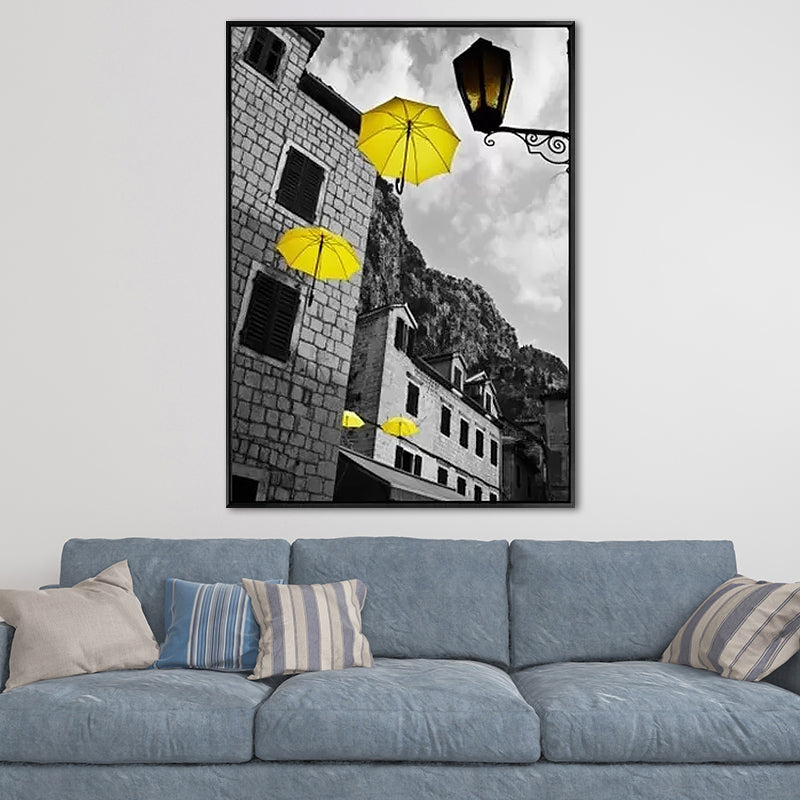 Grey Umbrella and Building Canvas Modernist Decorative Wall Art Print for Parlor