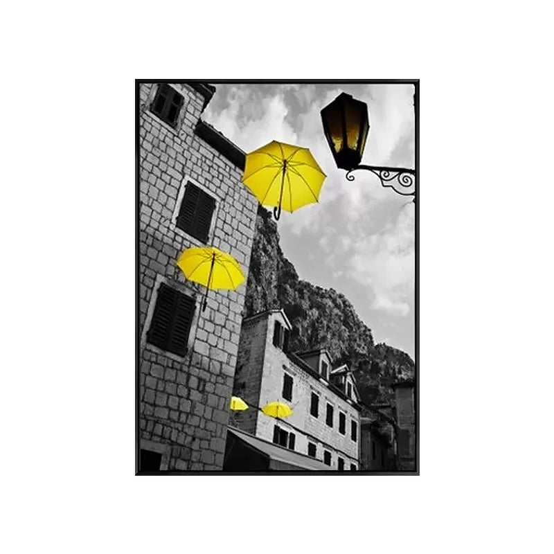 Grey Umbrella and Building Canvas Modernist Decorative Wall Art Print for Parlor