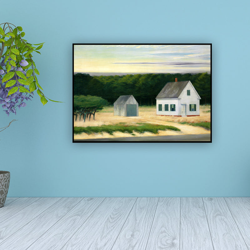 Rural Houses and Forest Painting Green-White Textured Wall Art Decor for Sitting Room