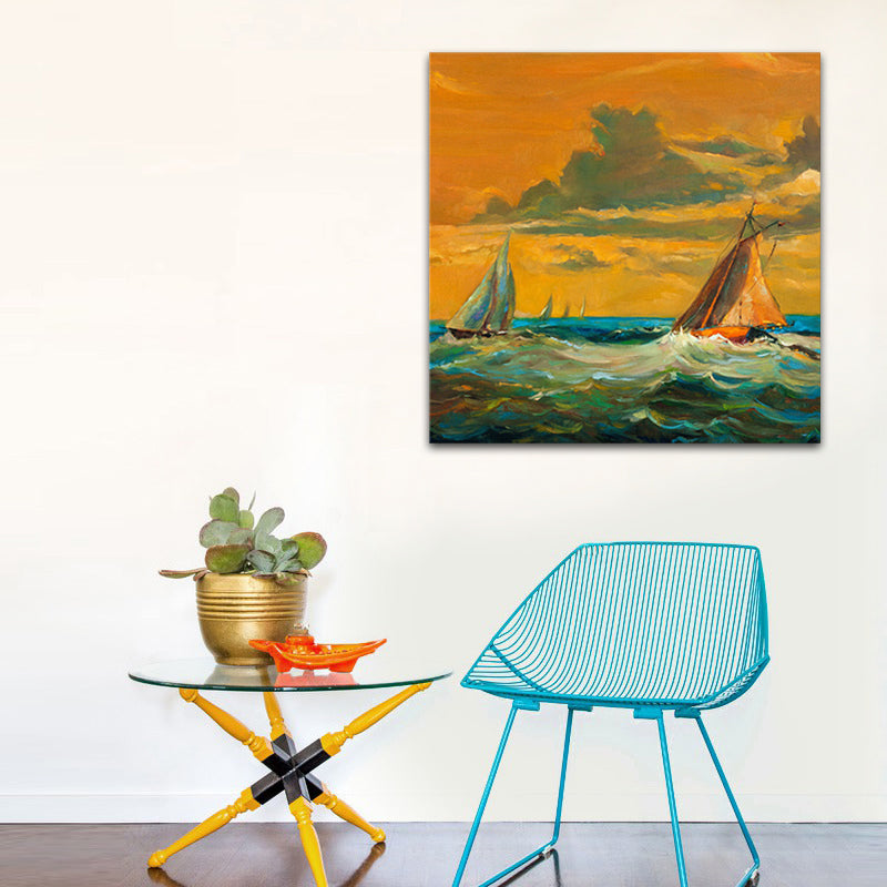 Modern Ocean Sailboat Painting Orange Sunset Seascape Wall Art Print for Living Room