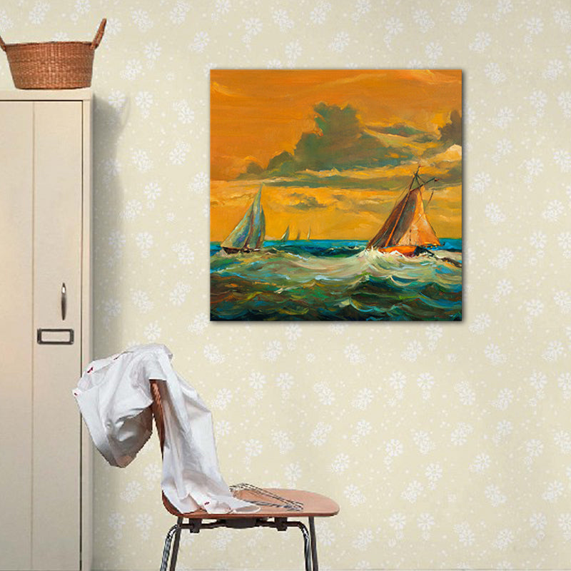 Modern Ocean Sailboat Painting Orange Sunset Seascape Wall Art Print for Living Room