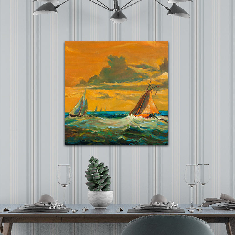 Modern Ocean Sailboat Painting Orange Sunset Seascape Wall Art Print for Living Room