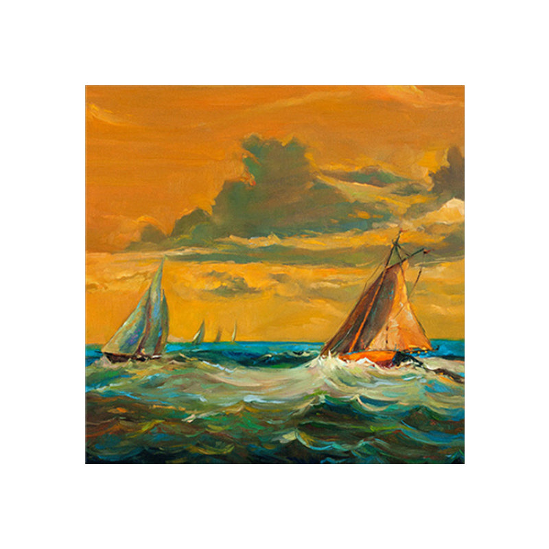 Modern Ocean Sailboat Painting Orange Sunset Seascape Wall Art Print for Living Room