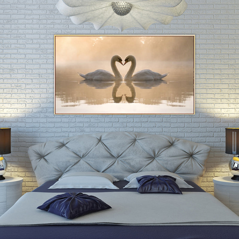 Yellow Modernist Wall Decor Swan Love in the Sunset Lake Canvas Wall Art for Bedroom