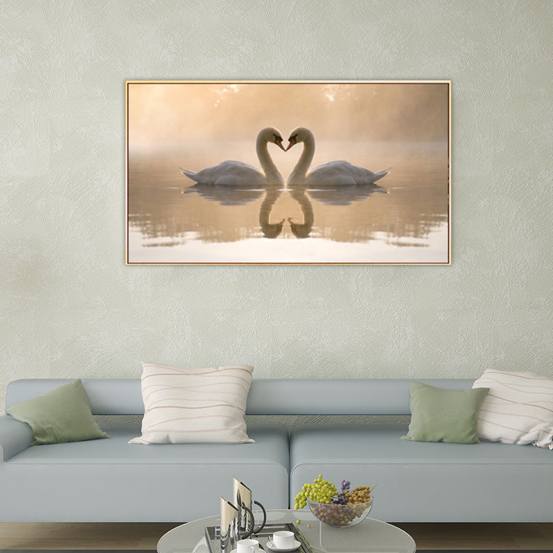 Yellow Modernist Wall Decor Swan Love in the Sunset Lake Canvas Wall Art for Bedroom