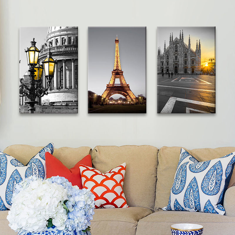 Global Inspired Landmark Wall Art Set Grey Sunset Cityscape Canvas Print for Living Room