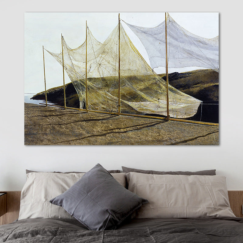 Photographic Fishing Net Canvas Art Contemporary Living Room Wall Decor in Yellow