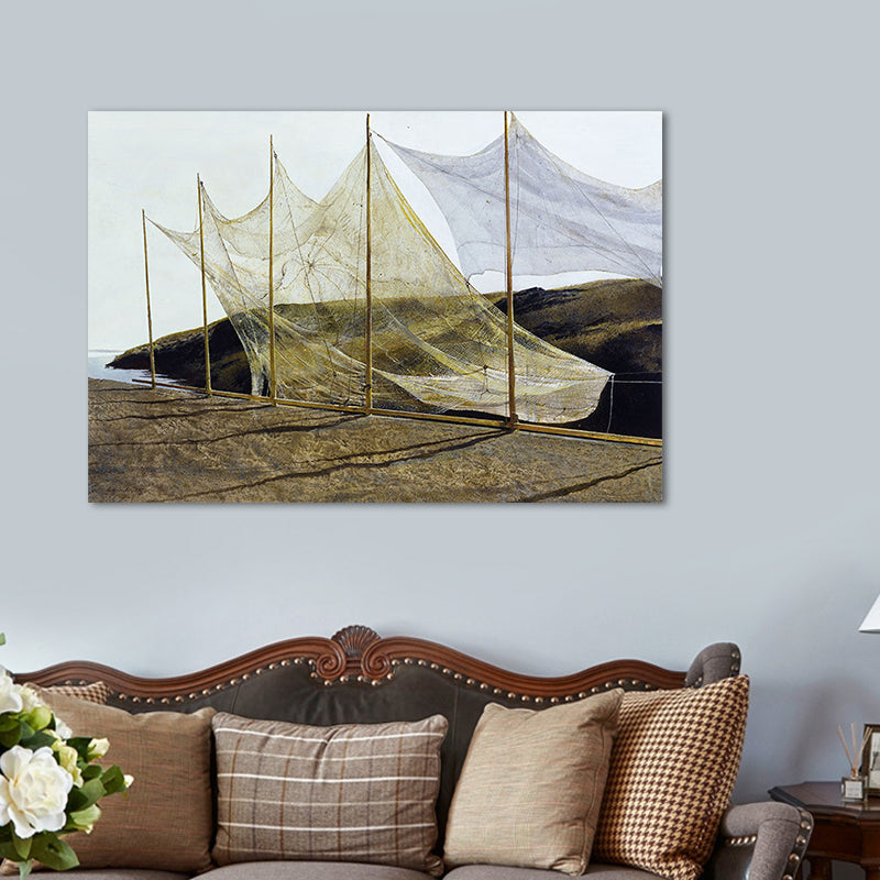 Photographic Fishing Net Canvas Art Contemporary Living Room Wall Decor in Yellow