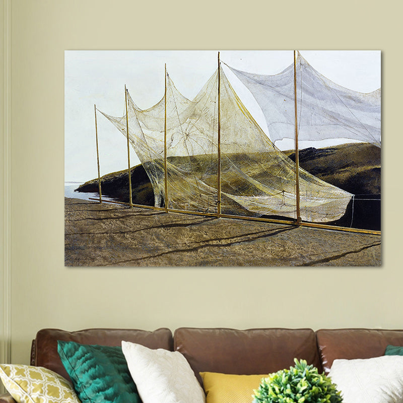 Photographic Fishing Net Canvas Art Contemporary Living Room Wall Decor in Yellow