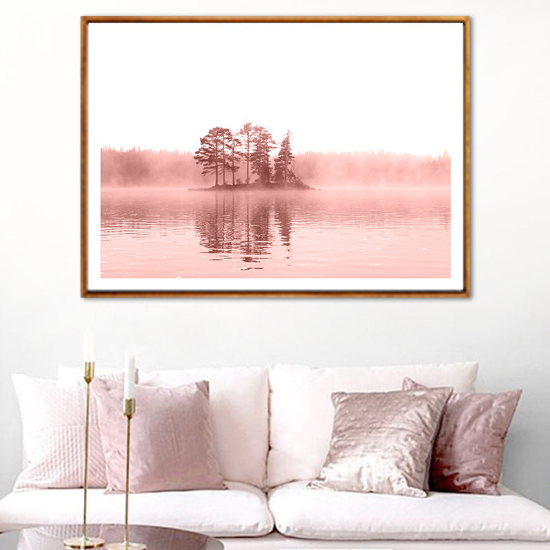 Nature Landscape Art Print Modern Romantic Trees in the Center of River Wall Decor in Pink