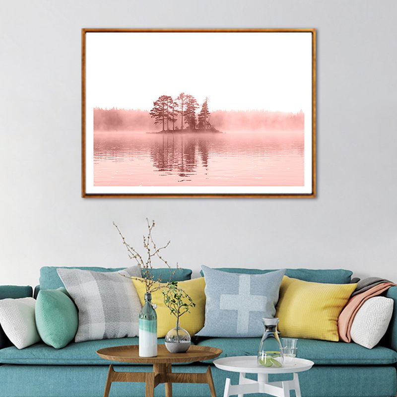 Nature Landscape Art Print Modern Romantic Trees in the Center of River Wall Decor in Pink