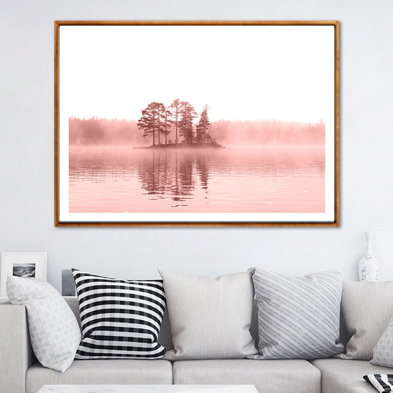 Nature Landscape Art Print Modern Romantic Trees in the Center of River Wall Decor in Pink