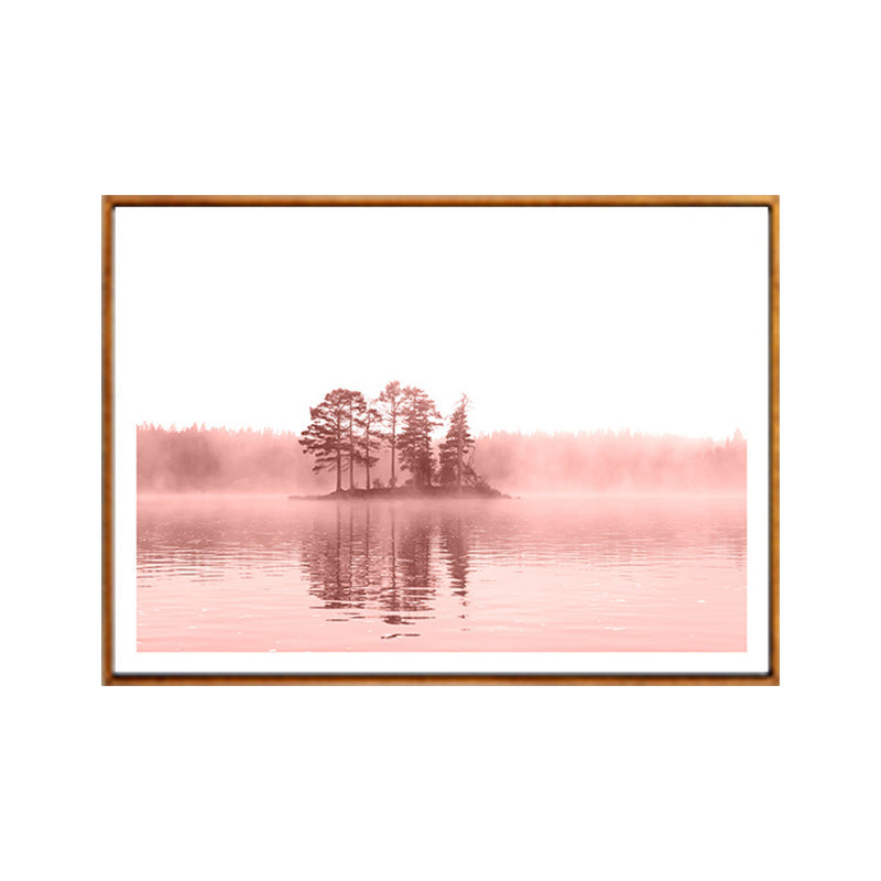 Nature Landscape Art Print Modern Romantic Trees in the Center of River Wall Decor in Pink