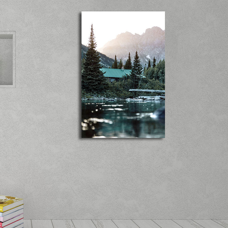 Cottage Canvas Wall Art Green River and Mountain House View Wall Decoration for Home