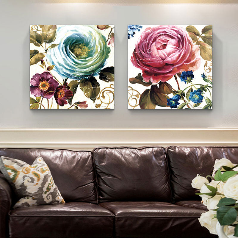 Lovely Peony Wall Art Set for Living Room Flower Painting Canvas Print in Pink-Blue