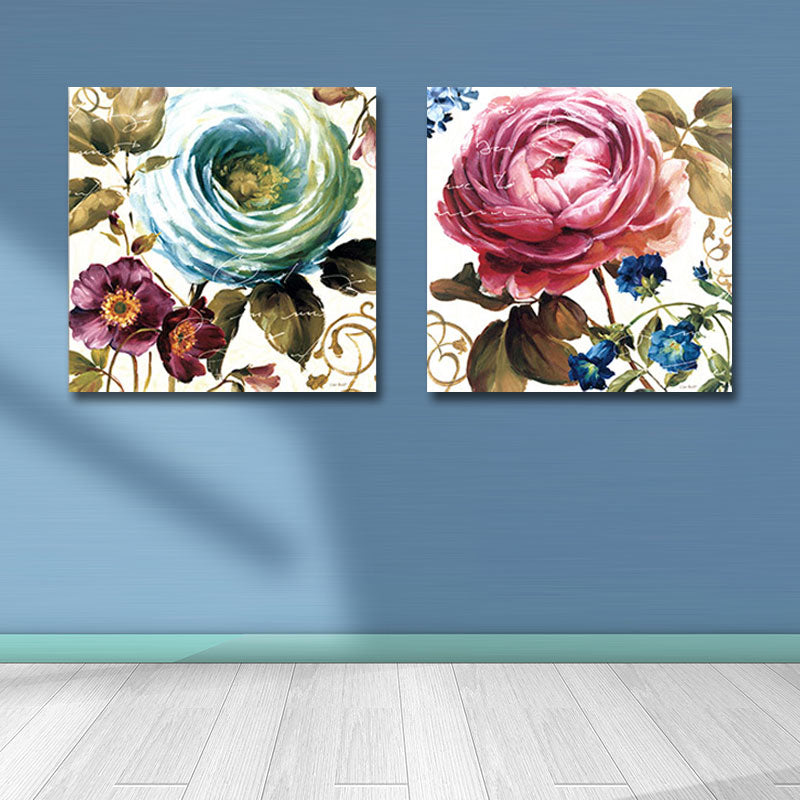 Lovely Peony Wall Art Set for Living Room Flower Painting Canvas Print in Pink-Blue