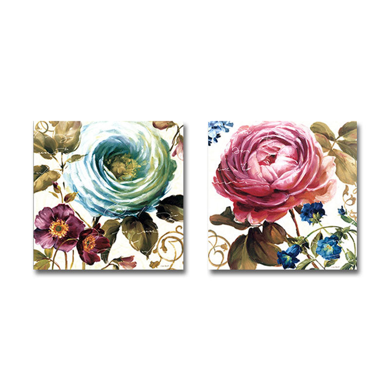 Lovely Peony Wall Art Set for Living Room Flower Painting Canvas Print in Pink-Blue