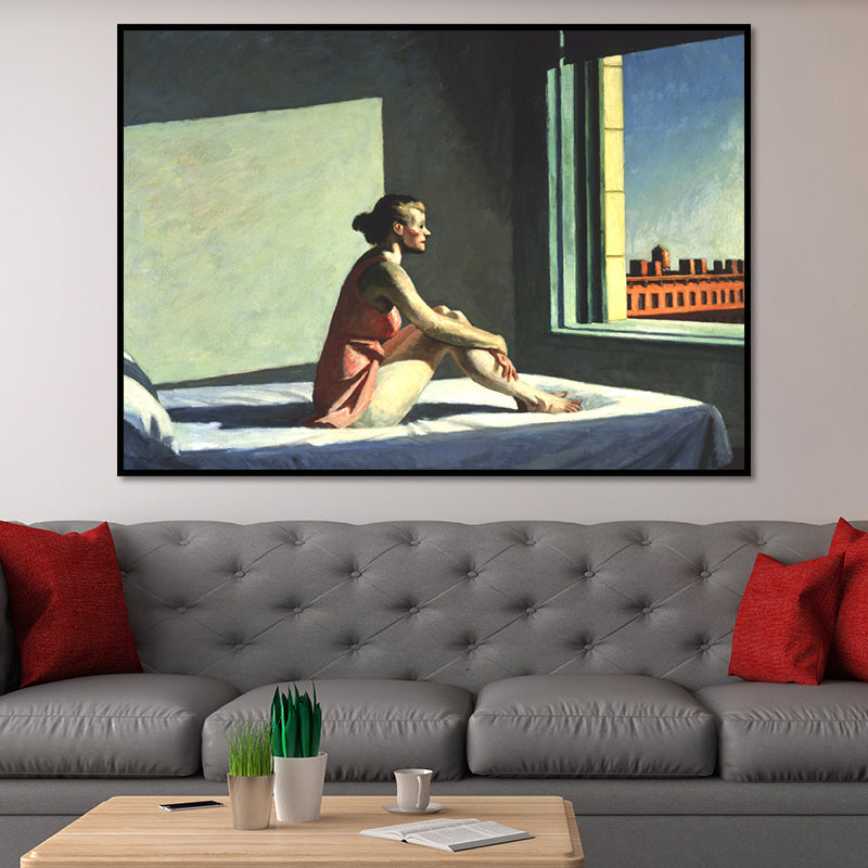 Canvas Textured Wall Art Traditional Edward Hopper Morning Sun Painting in Blue-Red