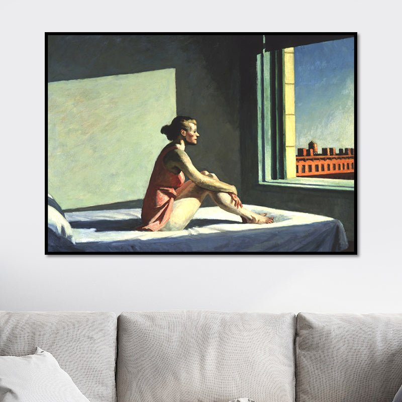 Canvas Textured Wall Art Traditional Edward Hopper Morning Sun Painting in Blue-Red