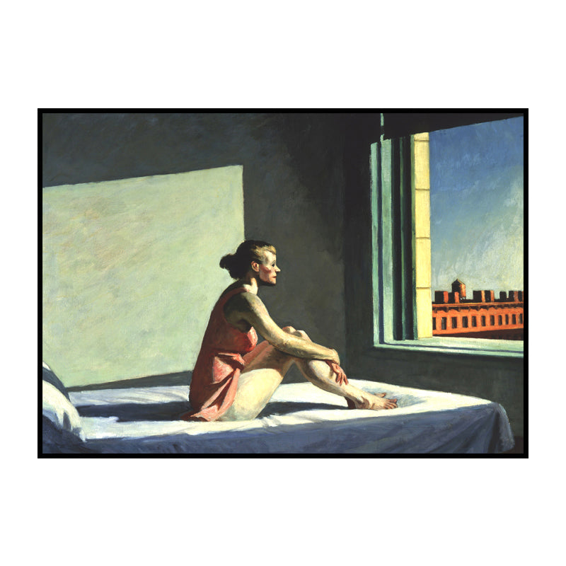 Canvas Textured Wall Art Traditional Edward Hopper Morning Sun Painting in Blue-Red