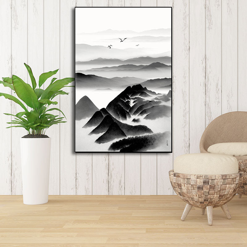 Cloudy Mountain View Canvas Art Asian Textured Wall Decor in Black for Sitting Room