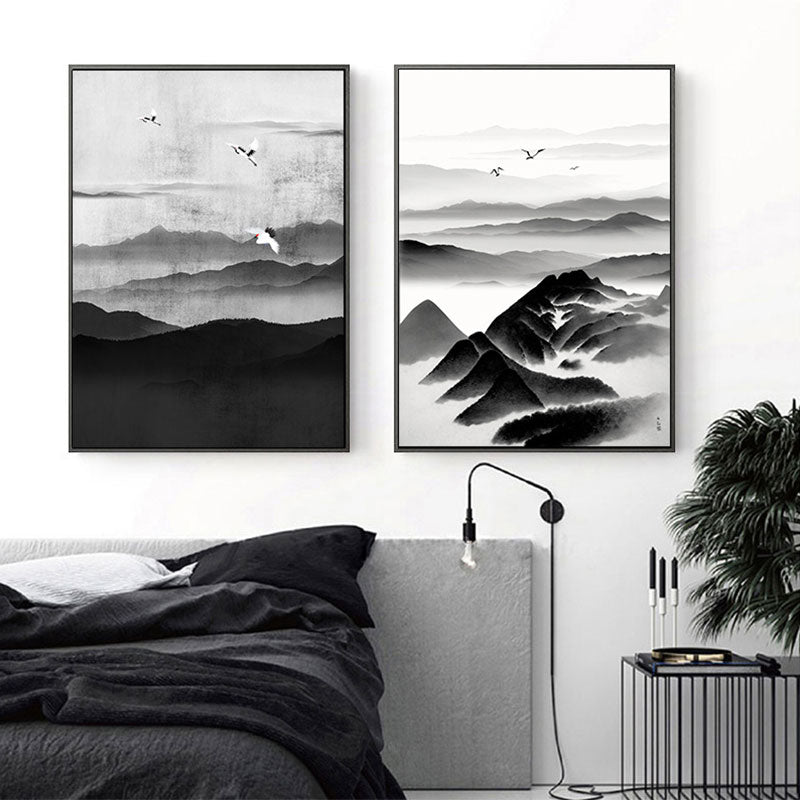 Cloudy Mountain View Canvas Art Asian Textured Wall Decor in Black for Sitting Room