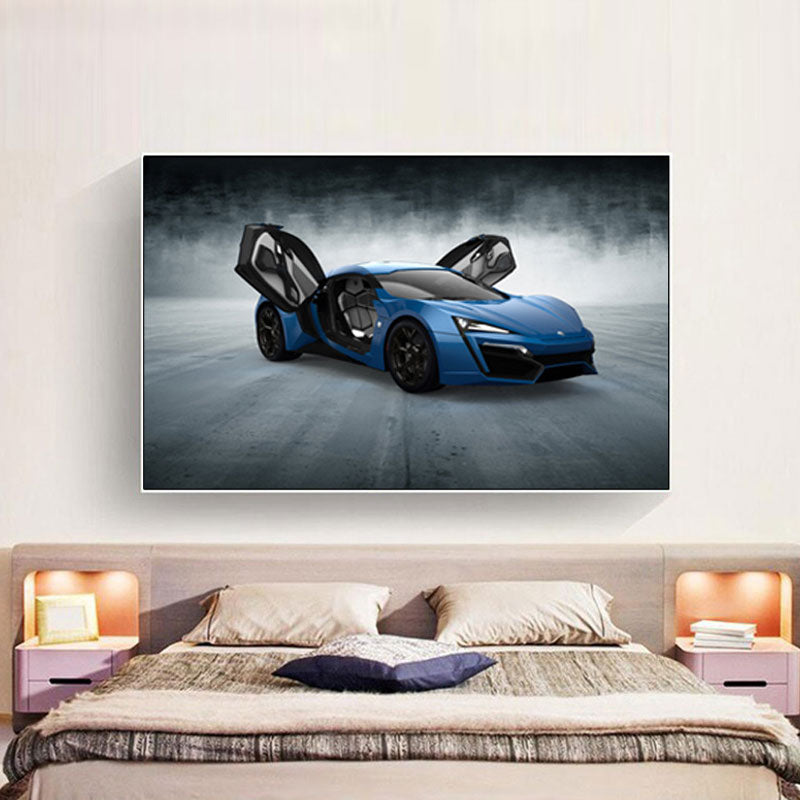 Contemporary Boys Art Print with Sport Car Pattern Bright Color Wall Decor for Bedroom