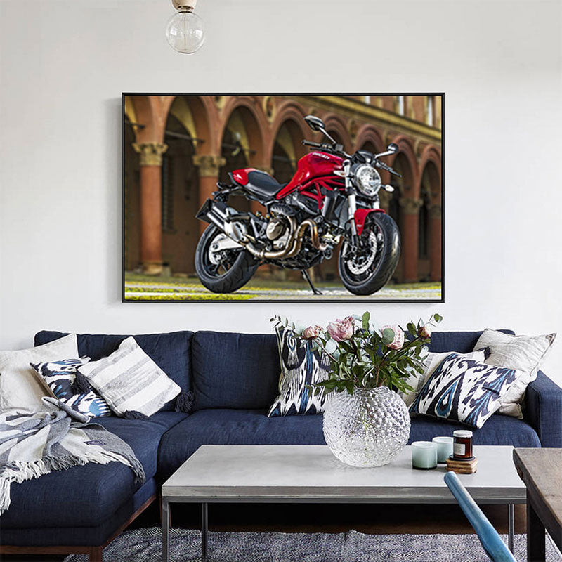 Photographic Print Modern Canvas Art with Motorcycle and Architecture, Red-Brown