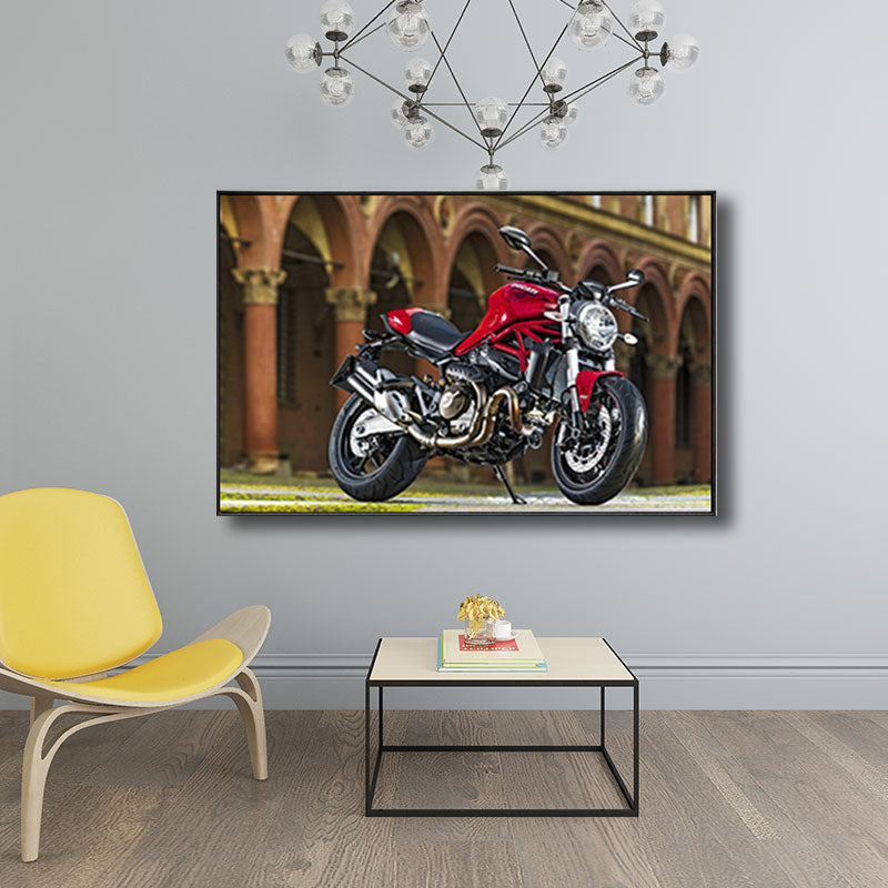 Photographic Print Modern Canvas Art with Motorcycle and Architecture, Red-Brown