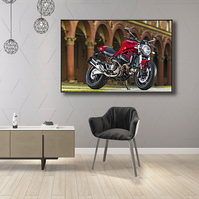 Photographic Print Modern Canvas Art with Motorcycle and Architecture, Red-Brown