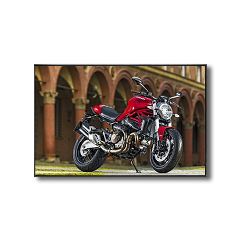 Photographic Print Modern Canvas Art with Motorcycle and Architecture, Red-Brown