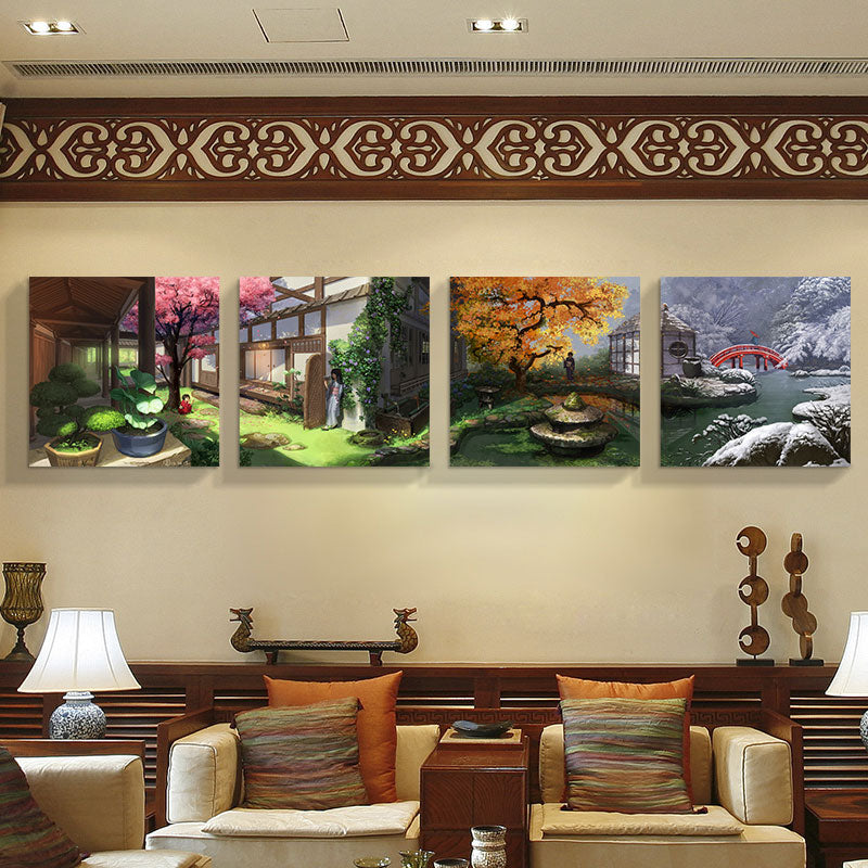 Japanese Patio View Art Print Canvas Multi-Piece Green Painting for House Interior