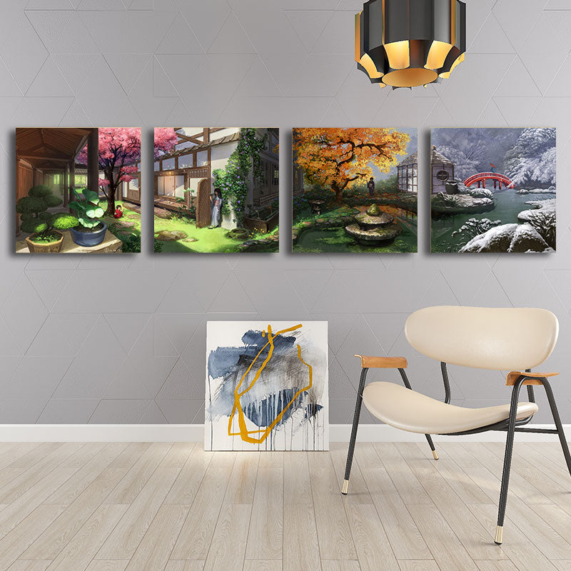 Japanese Patio View Art Print Canvas Multi-Piece Green Painting for House Interior