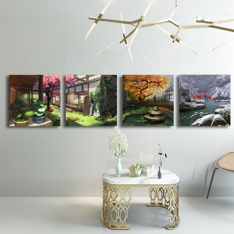 Japanese Patio View Art Print Canvas Multi-Piece Green Painting for House Interior