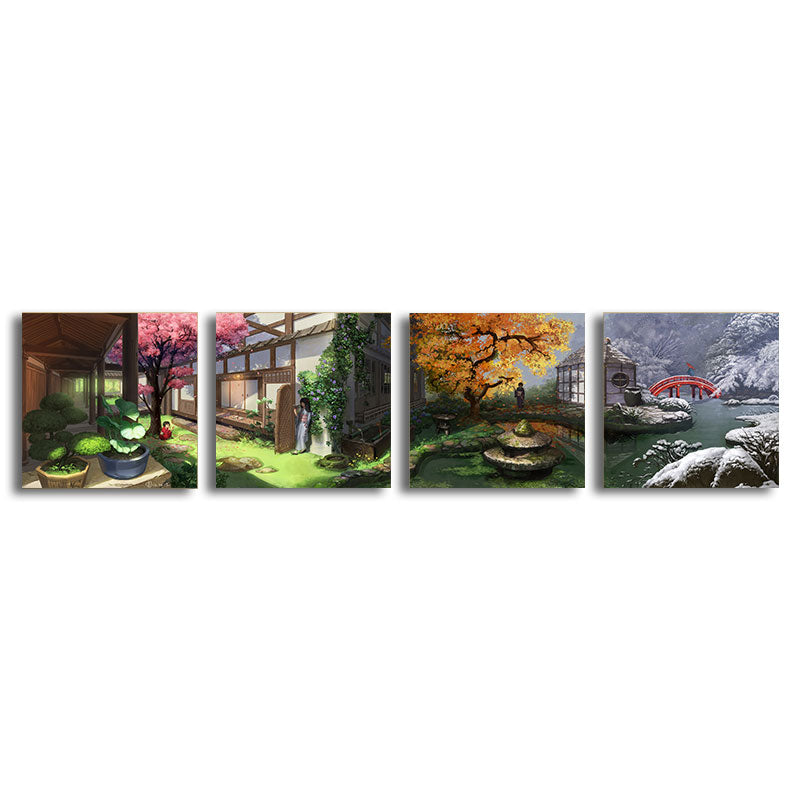 Japanese Patio View Art Print Canvas Multi-Piece Green Painting for House Interior