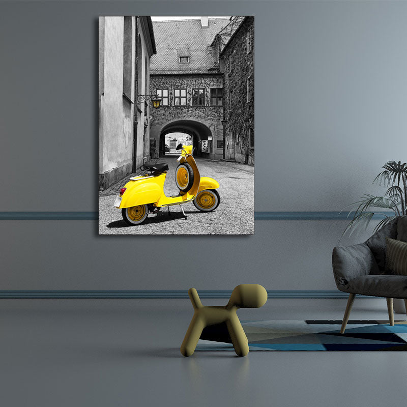 Textured Yellow Wall Decor Modernism Cute Motorbike in Aged Houses Canvas Wall Art