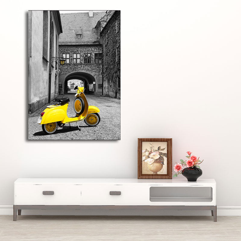 Textured Yellow Wall Decor Modernism Cute Motorbike in Aged Houses Canvas Wall Art