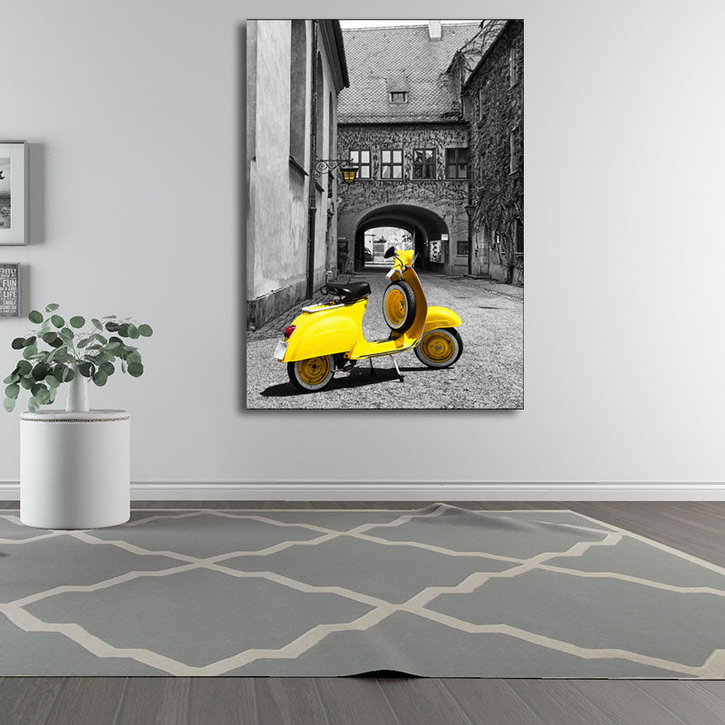 Textured Yellow Wall Decor Modernism Cute Motorbike in Aged Houses Canvas Wall Art