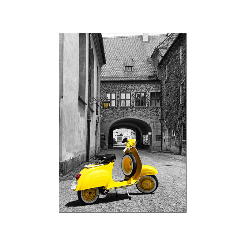 Textured Yellow Wall Decor Modernism Cute Motorbike in Aged Houses Canvas Wall Art