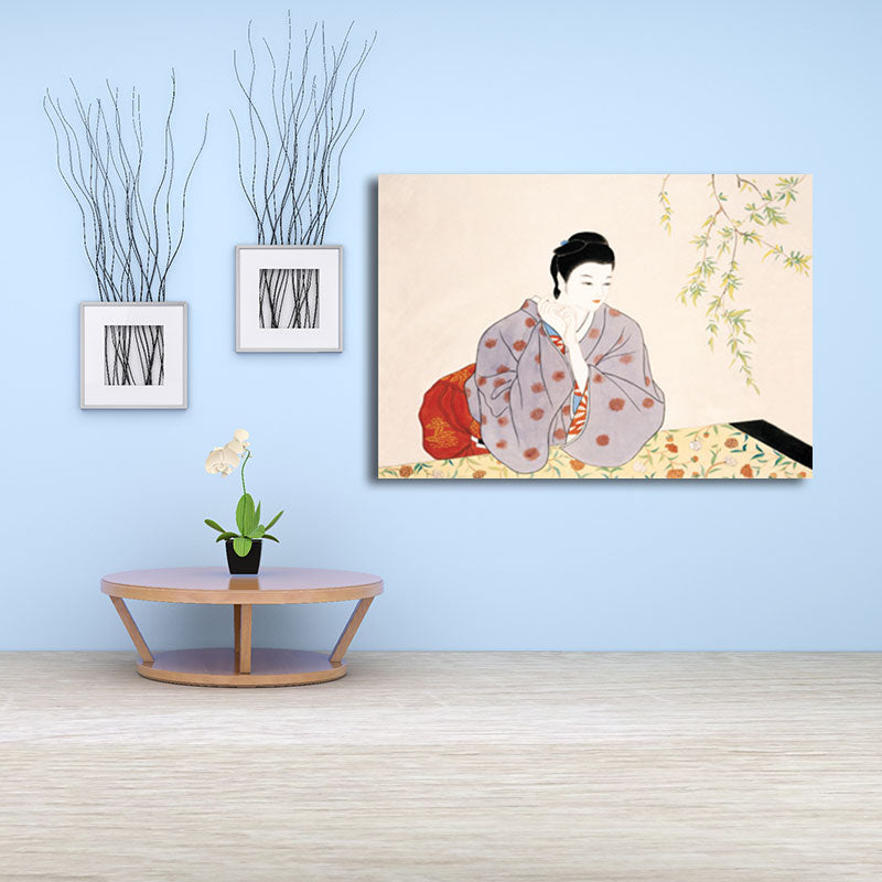 Geisha Girl Painting Canvas Art in Red Japanese Style Wall Decor for Sitting Room