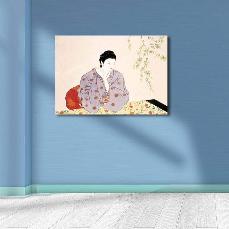 Geisha Girl Painting Canvas Art in Red Japanese Style Wall Decor for Sitting Room