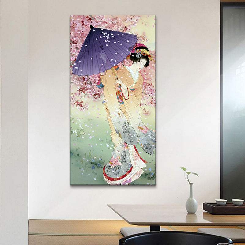 Kimono Girl Painting Art Print Multicolored Japanese Style Wall Decor for Sitting Room