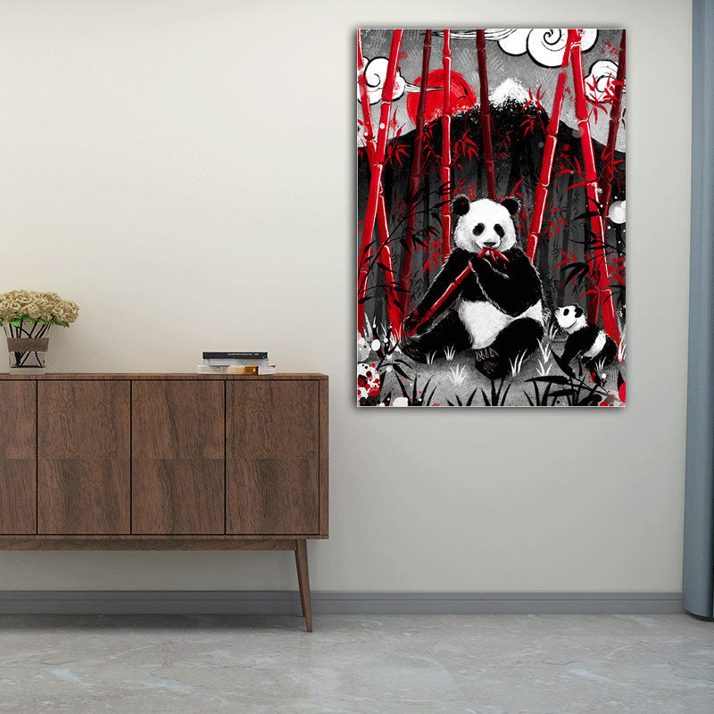 Asian Panda Eating Bamboo Canvas for Great Room Wall Art Prints in Black, Multiple Sizes