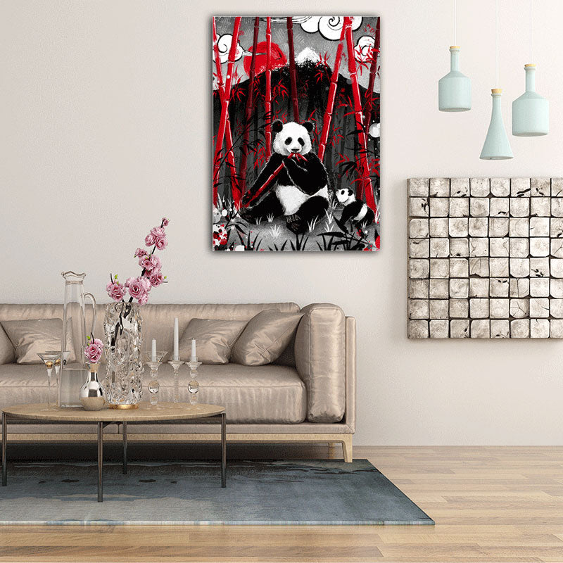 Asian Panda Eating Bamboo Canvas for Great Room Wall Art Prints in Black, Multiple Sizes