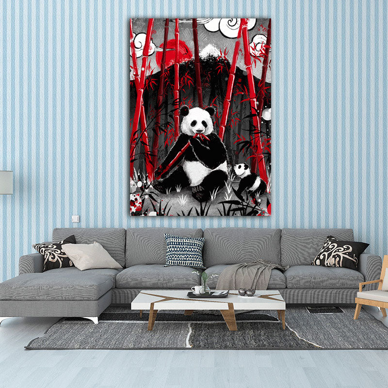 Asian Panda Eating Bamboo Canvas for Great Room Wall Art Prints in Black, Multiple Sizes