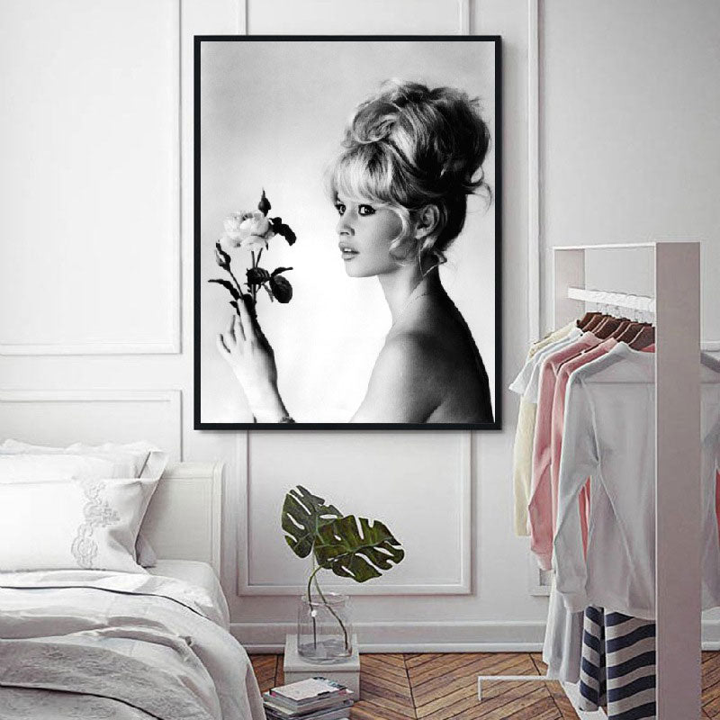 Model with Flower Wall Art Modern Beautiful Woman Photo Canvas Print in Grey for Bedroom