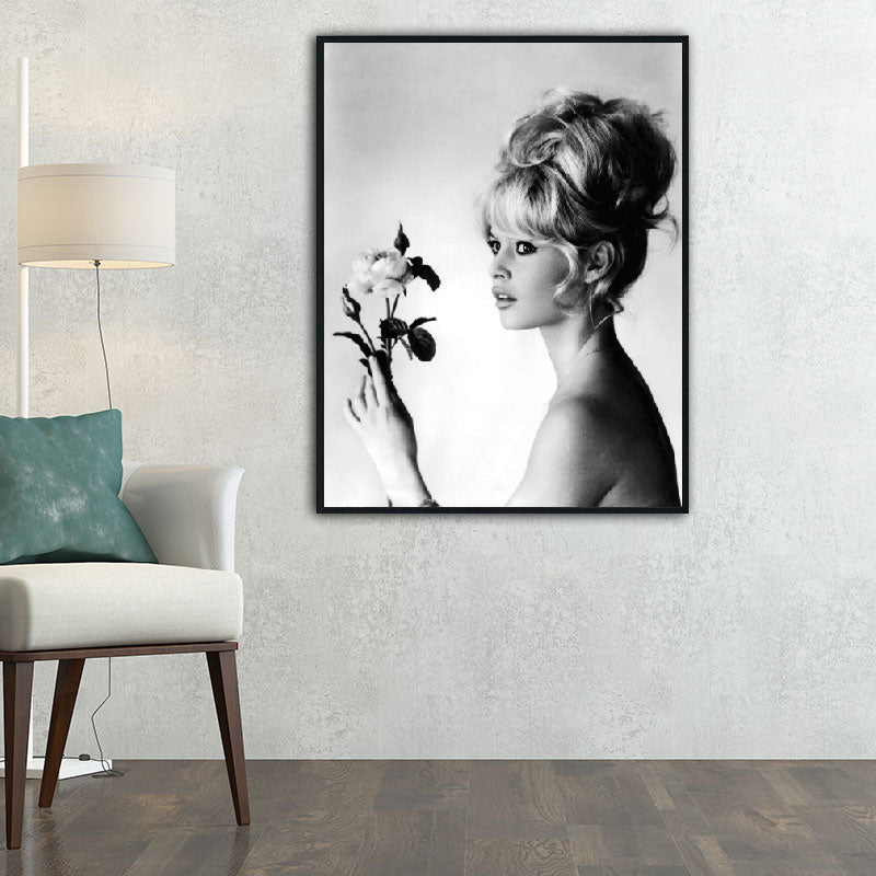 Model with Flower Wall Art Modern Beautiful Woman Photo Canvas Print in Grey for Bedroom