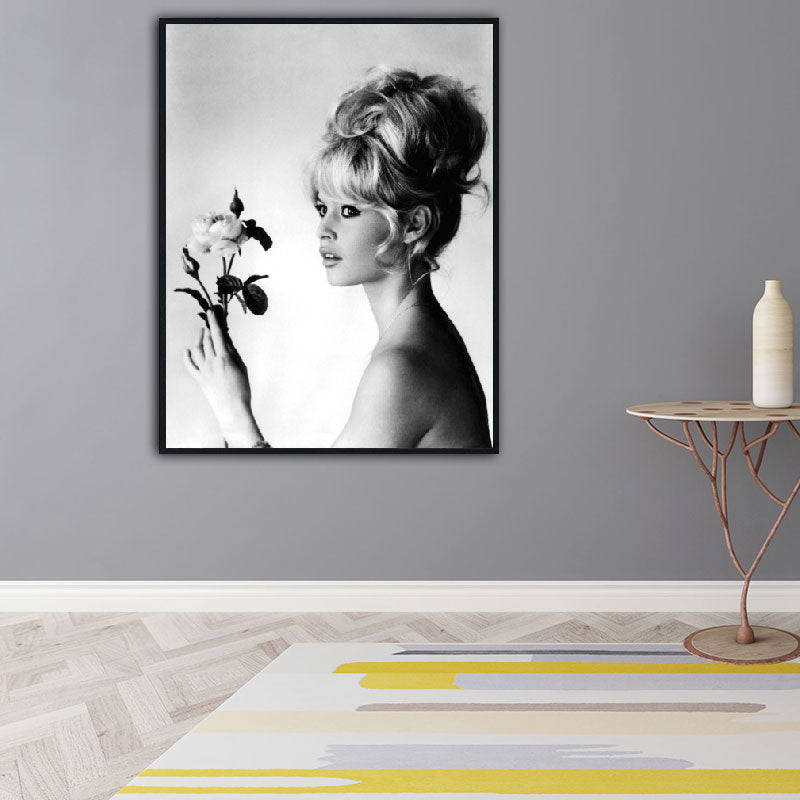 Model with Flower Wall Art Modern Beautiful Woman Photo Canvas Print in Grey for Bedroom