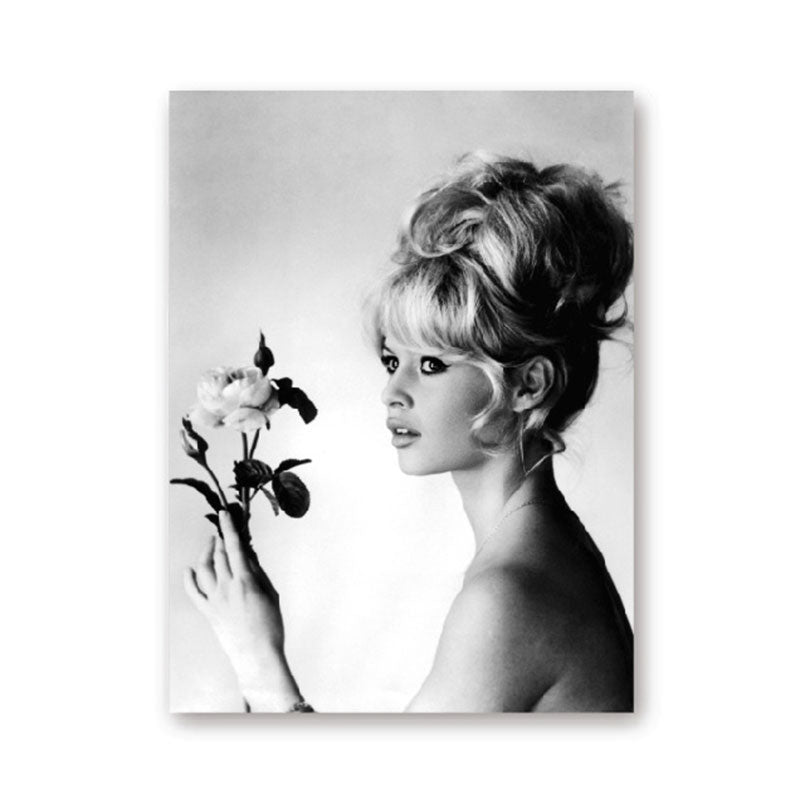 Model with Flower Wall Art Modern Beautiful Woman Photo Canvas Print in Grey for Bedroom