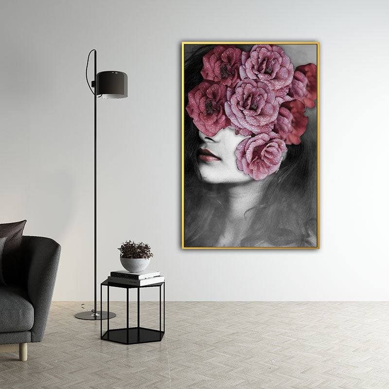 Woman and Flower Wrapped Canvas Pastel Color Modernist Wall Art Decor for Girls Room